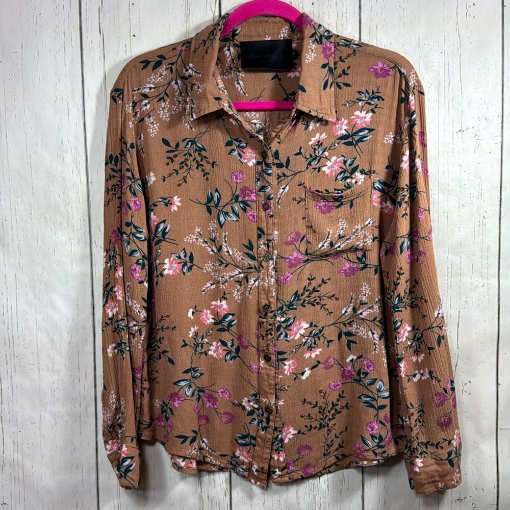 Vacate The Label Floral Boho Western Country Button Down PocketTan Shirt Blouse